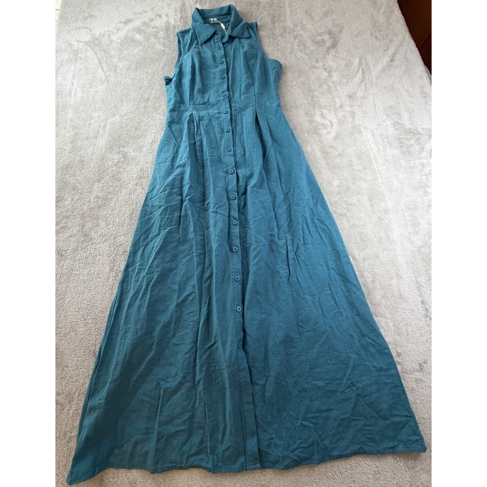 Modesees Maxi Dress Women Small Teal Blue Sleeveless Button Down Collared NWT
